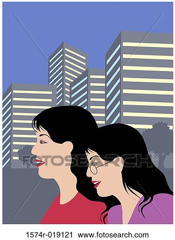 Clip Art - Oriental Gals in City Linda Braucht (20th C. American) Computer Graphics. Fotosearch