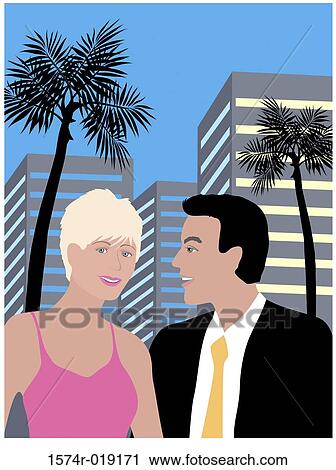Clip Art - Tropical Hotel Couple Linda Braucht (20th C. American) Computer Graphics. Fotosearch