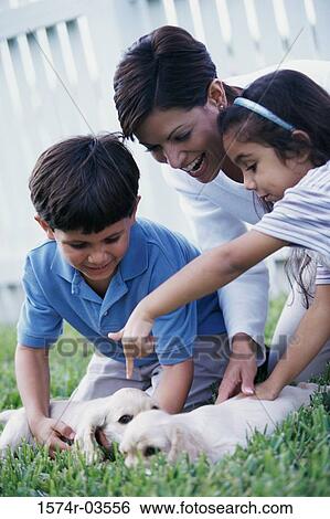 Mother with her son and daughter playing with puppies View Large Photo Image Stock Photograph - Mother with her son and daughter playing with puppies. Fotosearch