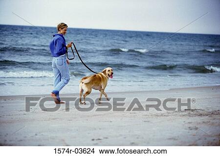 Young woman walking with her dog on the beach View Large Photo Image Picture - Young woman walking with her dog on the beach. Fotosearch