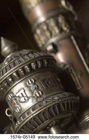 Close-up of Buddhist prayer wheels View Large Photo Image Stock Photo - Close-up of Buddhist prayer wheels. Fotosearch
