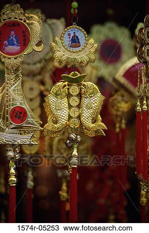 Stock Image - Close-up of Taoist good luck charms, Wong Tai Sin Temple, Kowloon, Hong Kong, China. Fotosearch