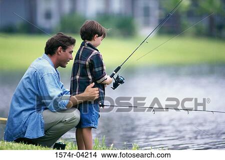 Picture - Side profile of a father and his son fishing. Fotosearch
