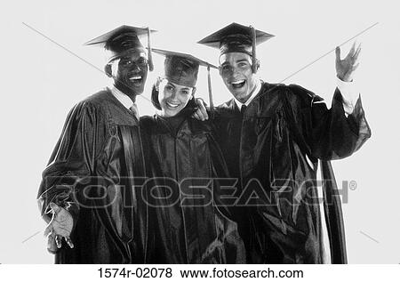 Stock Photo - Portrait of two young men and a young woman in graduation outfits. Fotosearch