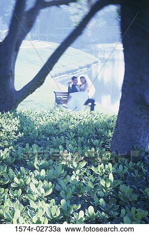 Newlywed couple sitting on a park bench View Large Photo Image Stock Image - Newlywed couple sitting on a park bench. Fotosearch