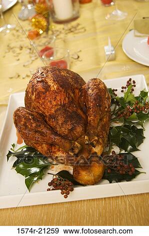 Stock Photo - High angle view of a roasted turkey on a serving tray. Fotosearch