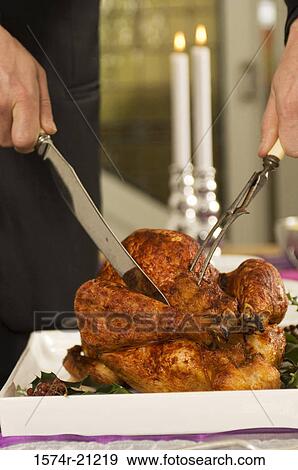 Stock Photo - Mid section view of a man cutting a roasted turkey with a knife and fork. Fotosearch