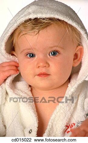 Stock Image - baby, bathrobe, bewildered, bewilderment, boy. Fotosearch