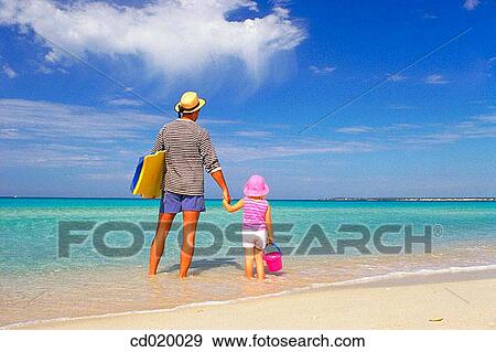 Stock Photo - back view, beach, blue, child. Fotosearch