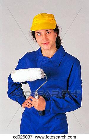 Stock Photo - blue, cap, brunette, boilersuit, activity. Fotosearch