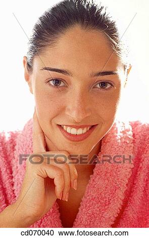 Stock Image - bathrobe, beauty, Beauty Care, brunette, carefree. Fotosearch
