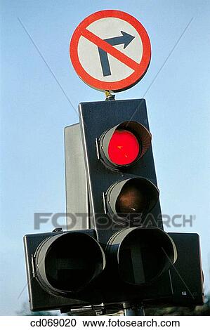 Stock Image - Traffic lights and no right turn" sign". Fotosearch
