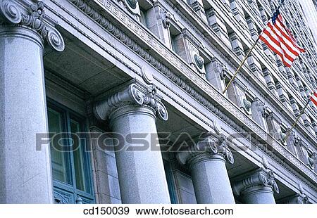 American flag, column, city, building, America View Large Photo Image Stock Photo - American flag, column, city, building, America. Fotosearch