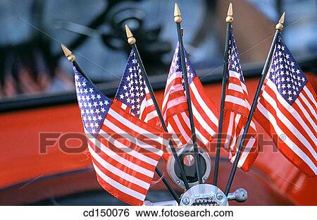 Stock Photograph - car, American flag, automobile, antique, Americana, America. Fotosearch