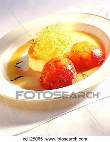 Custard with candied peaches View Large Photo Image Stock Photography - Custard with candied peaches. Fotosearch