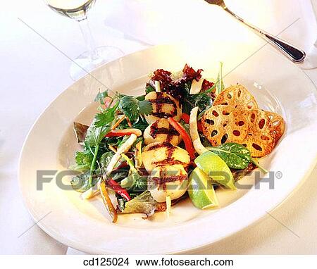 Grilled scallops with greens View Large Photo Image Picture - Grilled scallops with greens. Fotosearch