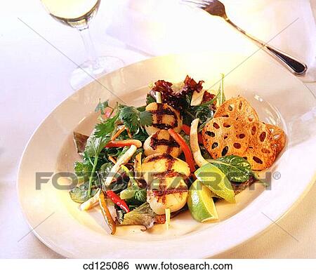 Grilled scallops with greens View Large Photo Image Stock Photograph - Grilled scallops with greens. Fotosearch