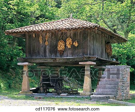Horreo, wooden granary built on pillars typical in the north-west of Spain. View Large Photo Image Stock Photograph - Horreo, wooden granary built on pillars typical in the north-west of Spain.. Fotosearch