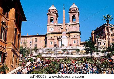 Stock Image - Piazza di Spagna and Church of Trinita dei Monti church. Rome. Italy. Fotosearch