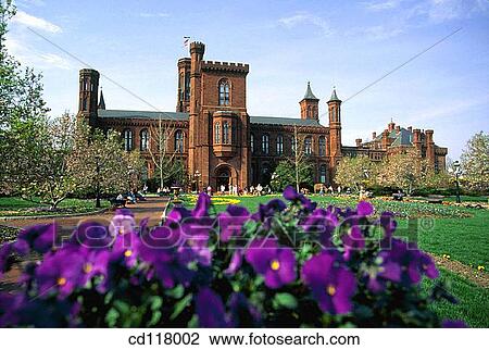 Stock Image - Smithsonian Institution Building (? The Castle?, James Renwick Jr., 1855), constructed in the Norman style -a 12th-century combination of late Romanesque and early Gothic motifs-. Washington D. C. USA. Fotosearch