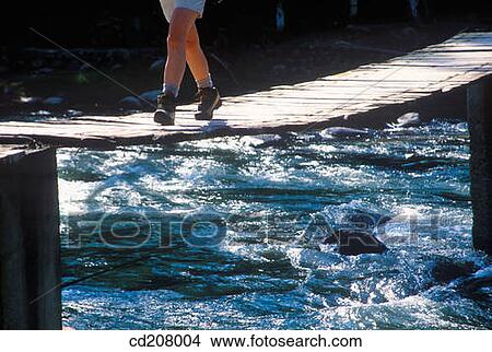 A woman hiking on a foot bridge View Large Photo Image Picture - A woman hiking on a foot bridge. Fotosearch