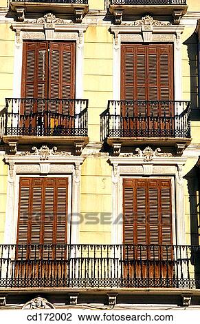Stock Image - architecture, building, balcony, background, antique. Fotosearch