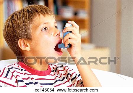 Picture - asthmatic, child, boy, at-home, asthma. Fotosearch