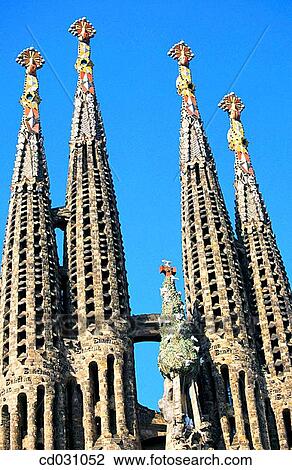 Stock Image - Bell towers of the Sagrada Familia, Church of the Holy Family (Gaud?, 1883-... ). Barcelona. Spain. Fotosearch