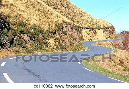 Stock Image - bend, country, curve, day, Empty road. Fotosearch