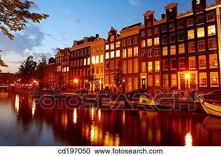 Canal houses at night. Amsterdam. Holland View Large Photo Image Stock Image - Canal houses at night. Amsterdam. Holland. Fotosearch