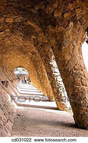 Stock Image - Colonnade at G? ell Park (Gaud?, 1900-1914). Barcelona. Spain. Fotosearch