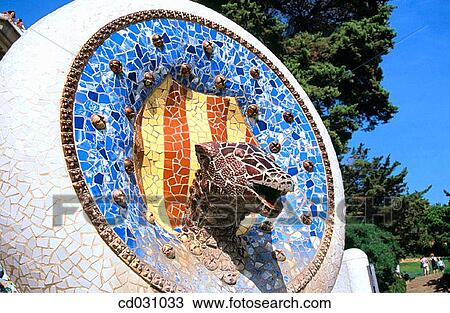 Decorative mosaic with Catalan elements at the G? ell Park (Gaud?, 1900-1914). Barcelona. Spain View Large Photo Image Stock Image - Decorative mosaic with Catalan elements at the G? ell Park (Gaud?, 1900-1914). Barcelona. Spain. Fotosearch