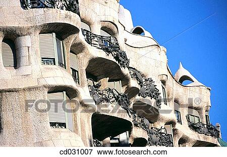 Detail fo the facade of Mil? House, aka? La Pedrera? (Gaud?, 1906-1912). Barcelona. Spain View Large Photo Image Stock Photo - Detail fo the facade of Mil? House, aka? La Pedrera? (Gaud?, 1906-1912). Barcelona. Spain. Fotosearch