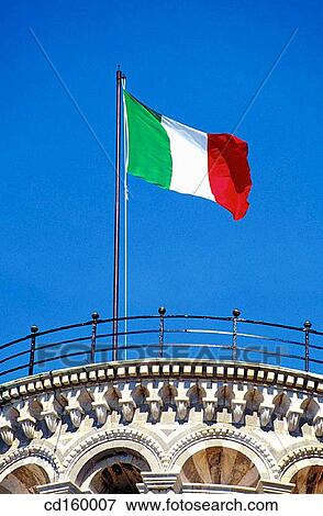 Stock Photo - Italian flag atop the Leaning Tower of Pisa. Italy. Fotosearch