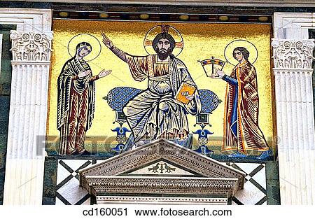 Mosaic in pediment (Christ with the Virgin and St. Minias). San Miniato del Monte. Florence. Italy View Large Photo Image Stock Image - Mosaic in pediment (Christ with the Virgin and St. Minias). San Miniato del Monte. Florence. Italy. Fotosearch