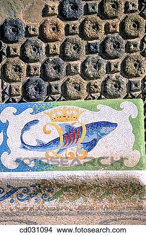 Mosaic on bench, exterior of Bellesguard villa (Gaud?, 1900-1902). Barcelona. Espa±a View Large Photo Image Picture - Mosaic on bench, exterior of Bellesguard villa (Gaud?, 1900-1902). Barcelona. Espa±a. Fotosearch