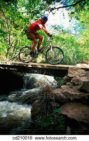 Mountain biker rides over a small bridge View Large Photo Image Stock Photograph - Mountain biker rides over a small bridge. Fotosearch