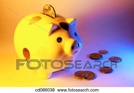 Piggy bank and coins View Large Photo Image Stock Photo - Piggy bank and coins. Fotosearch