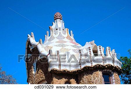 Roof of one of the pavilions at G? ell Park (Gaud?, 1900-1914). Barcelona. Spain View Large Photo Image Stock Photo - Roof of one of the pavilions at G? ell Park (Gaud?, 1900-1914). Barcelona. Spain. Fotosearch