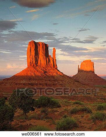 Stock Image - The Mittens with sunset shadow. Monument Valley Navajo Tribal Park. Arizona/Utah. USA. Fotosearch