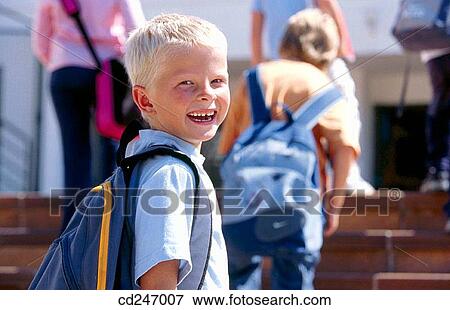 Stock Photo - backpack, blond, boy, child. Fotosearch