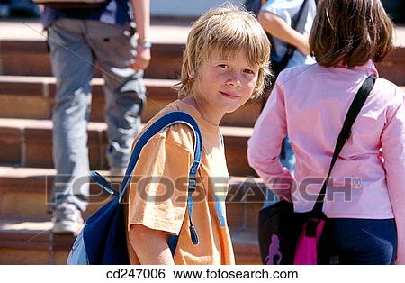 Stock Photograph - backpack, blond, boy, child. Fotosearch