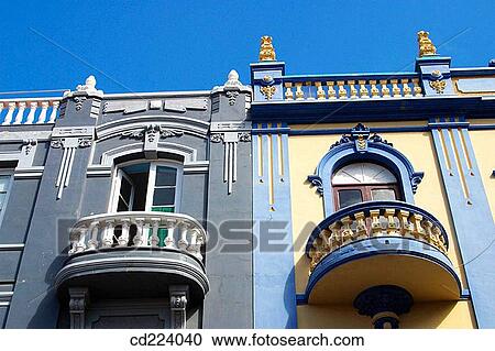 Stock Image - Balconies. Santa Cruz de Tenerife. Tenerife. Canary Islands. Spain. Fotosearch