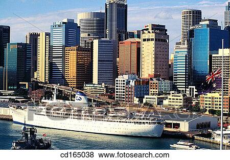 Stock Photo - Passenger liner and Centre Business District. Sydney. Australia. Fotosearch