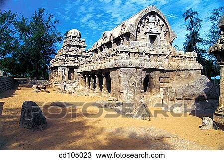 Stock Image - Richly carved monolithic Ratha, the Five Rathas. Mamallapuram. Tamilnadu, India. Fotosearch