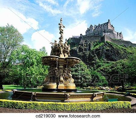 Stock Image - Ross Fountain and Edinburgh Castle. Edinburgh. Scotland. Fotosearch