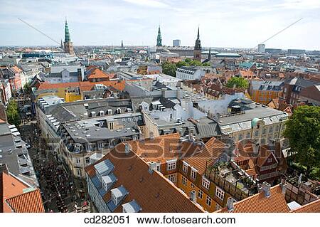Stock Image - Aerial view of city centre, Copenhagen, Denmark. Fotosearch