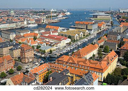 Aerial view towards harbour, Copenhagen, Denmark View Large Photo Image Picture - Aerial view towards harbour, Copenhagen, Denmark. Fotosearch