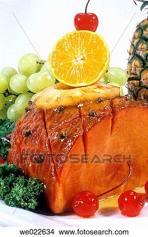 Baked ham garnished with fruit View Large Photo Image Picture - Baked ham garnished with fruit. Fotosearch
