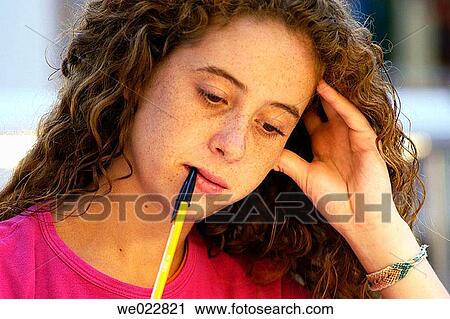 Stock Image - Ball-point pen, college, Close-up, adolescence. Fotosearch
